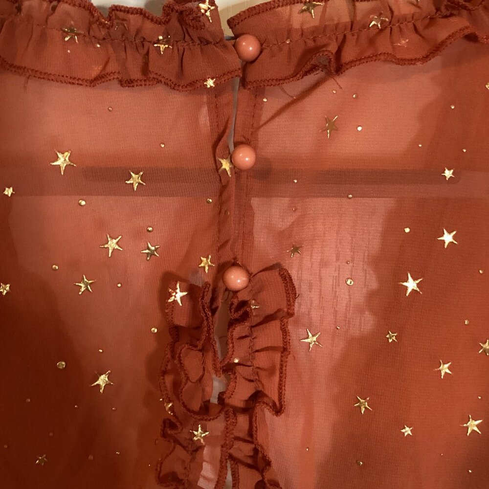 Women's Rusty Glitter Stars Backless Ruffle Sheer Dress Mini V Neck - Picture 11 of 13